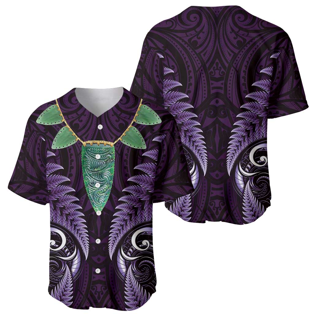 Aotearoa Pounamu Niho Baseball Jersey Silver Fern Mix Maori Pattern - Purple - Vibe Hoodie Shop