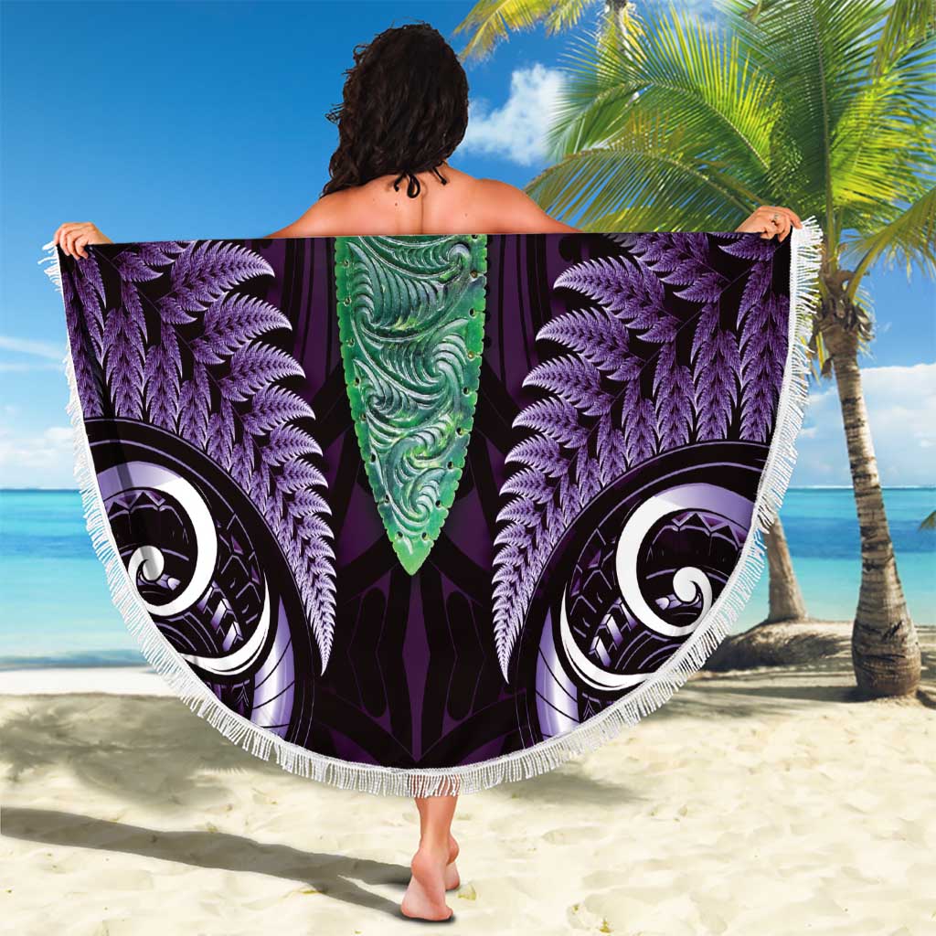 Aotearoa Pounamu Niho Beach Blanket Silver Fern Mix Maori Pattern - Purple