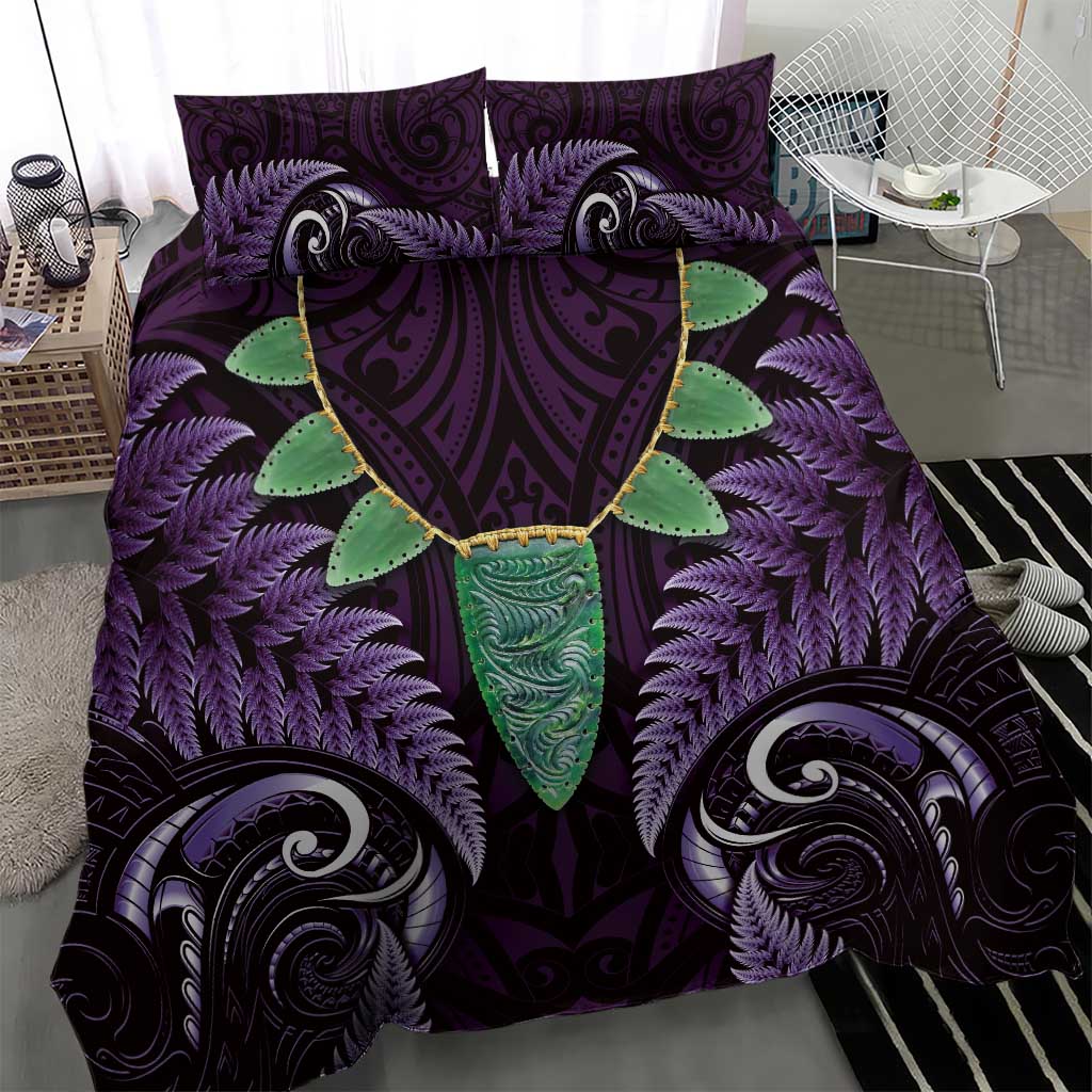 Aotearoa Pounamu Niho Bedding Set Silver Fern Mix Maori Pattern - Purple - Vibe Hoodie Shop