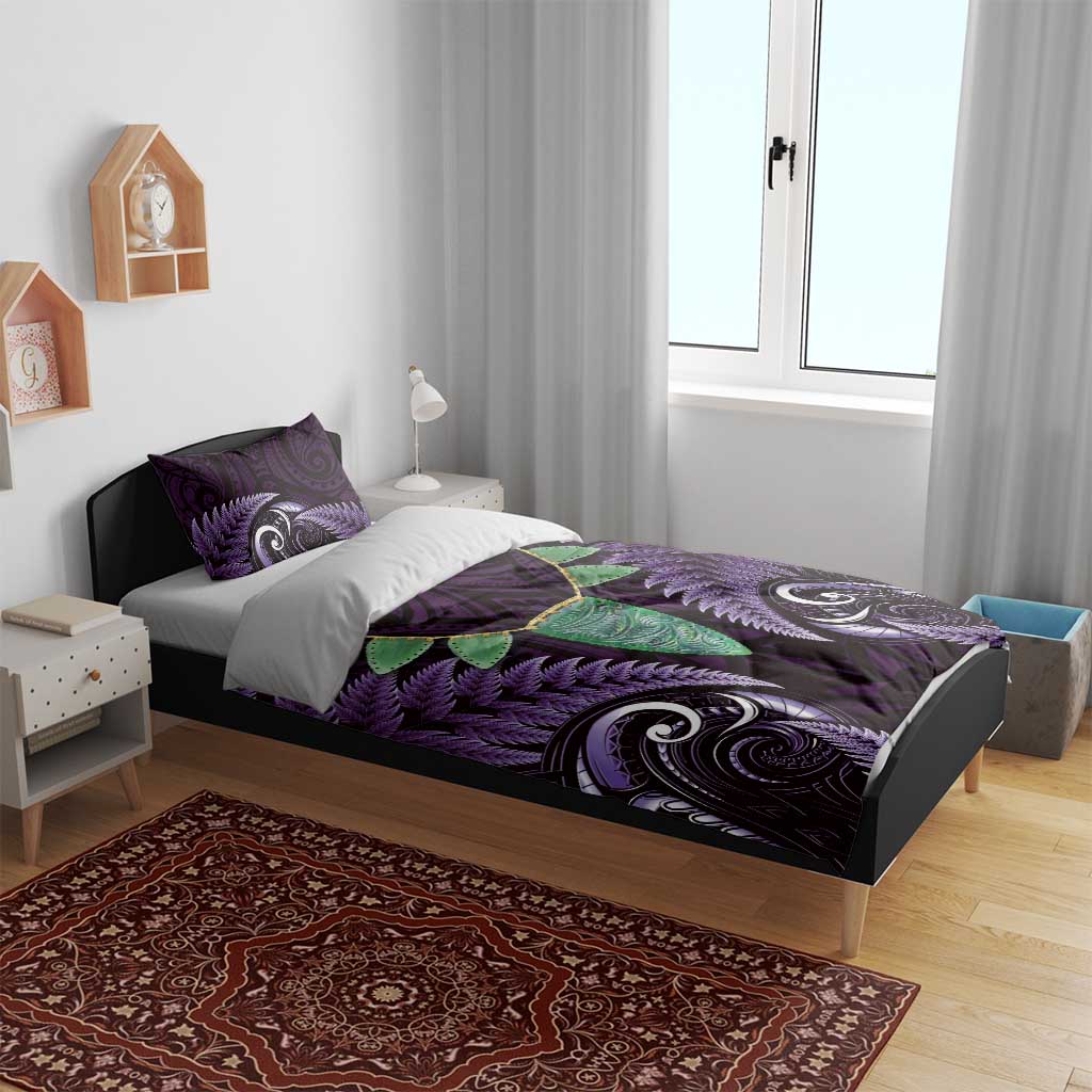 Aotearoa Pounamu Niho Bedding Set Silver Fern Mix Maori Pattern - Purple - Vibe Hoodie Shop