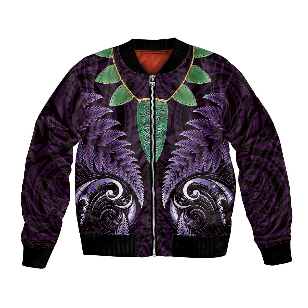 Aotearoa Pounamu Niho Bomber Jacket Silver Fern Mix Maori Pattern - Purple - Vibe Hoodie Shop