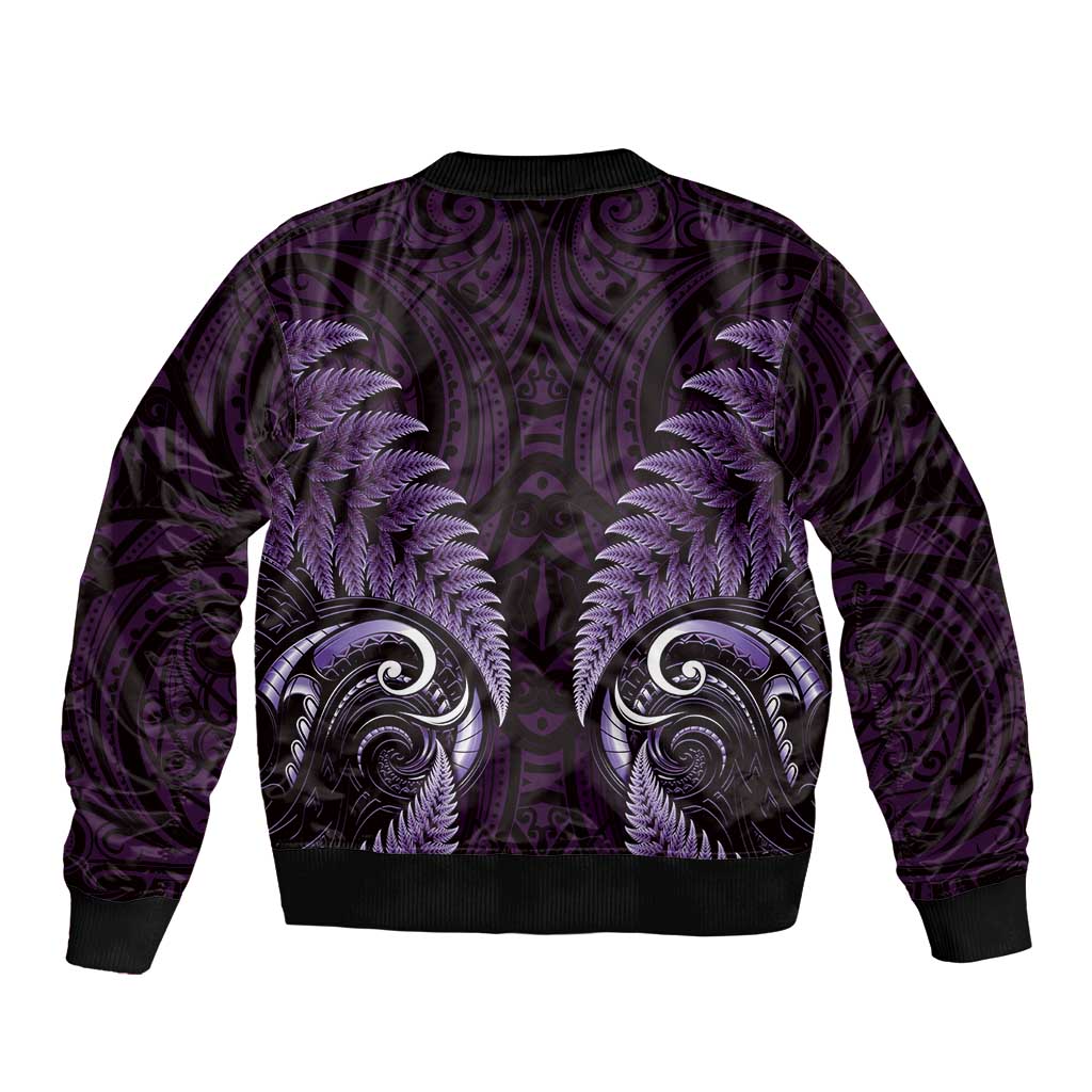 Aotearoa Pounamu Niho Bomber Jacket Silver Fern Mix Maori Pattern - Purple - Vibe Hoodie Shop