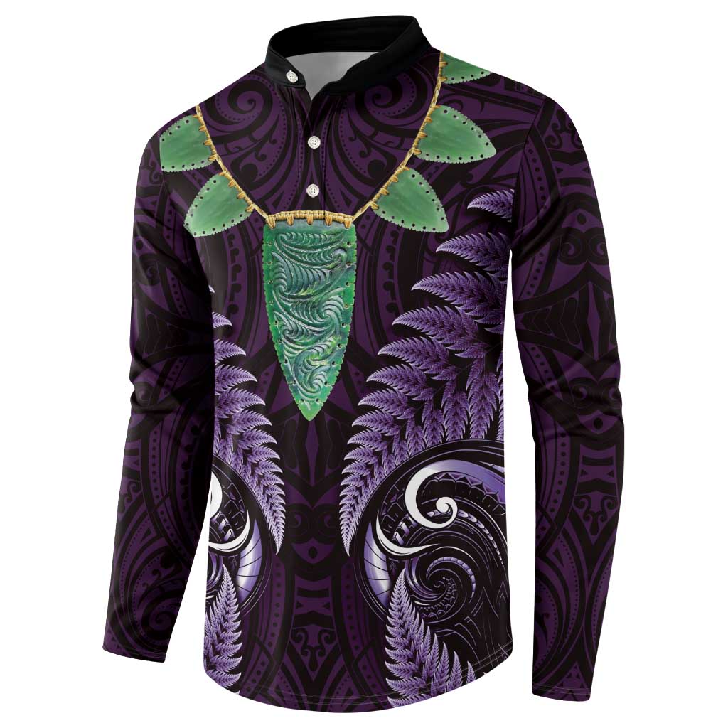 Aotearoa Pounamu Niho Button Sweatshirt Silver Fern Mix Maori Pattern - Purple