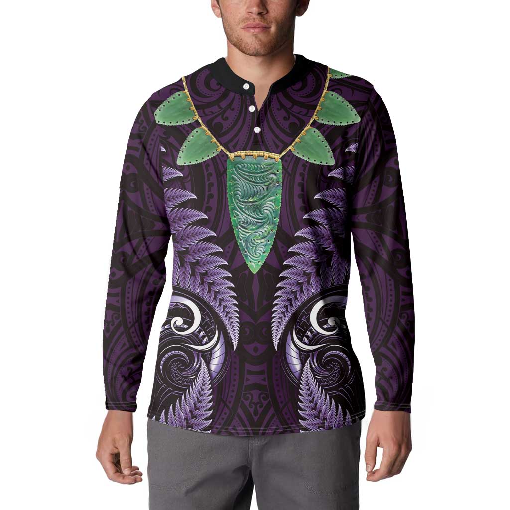 Aotearoa Pounamu Niho Button Sweatshirt Silver Fern Mix Maori Pattern - Purple