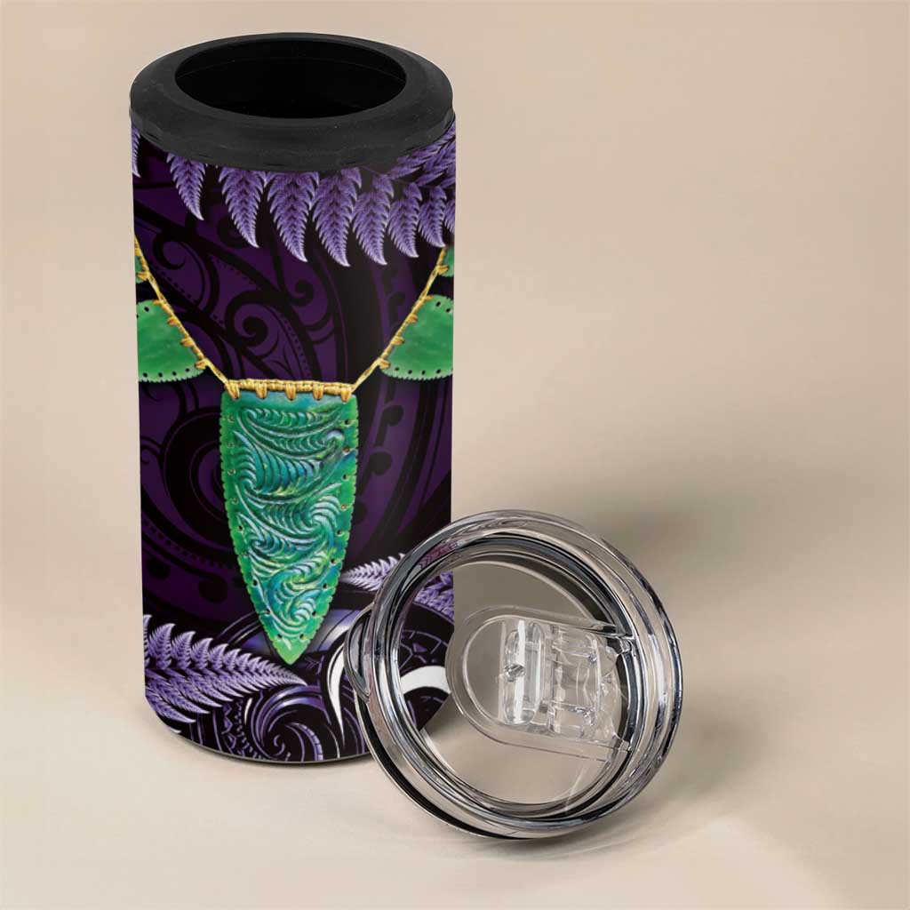 Aotearoa Pounamu Niho 4 in 1 Can Cooler Tumbler Silver Fern Mix Maori Pattern - Purple