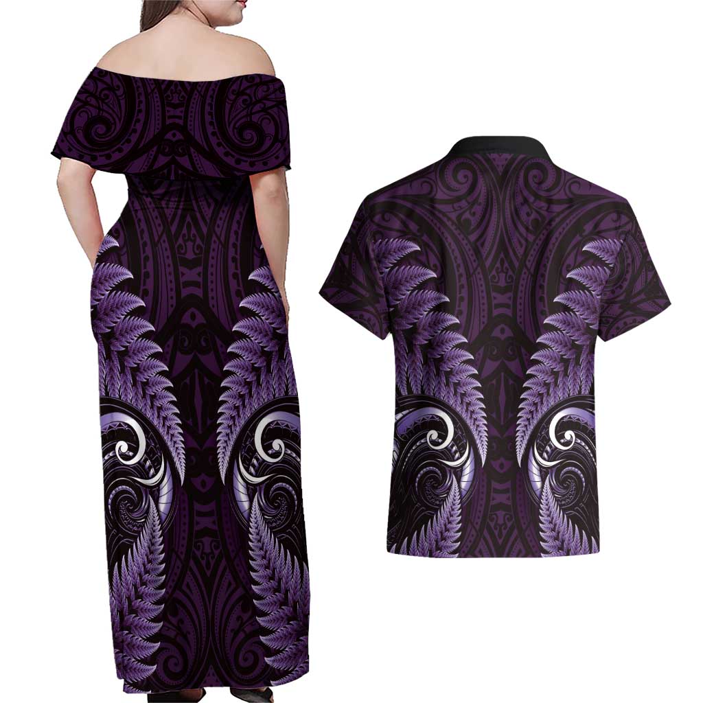 Aotearoa Pounamu Niho Couples Matching Off Shoulder Maxi Dress and Hawaiian Shirt Silver Fern Mix Maori Pattern - Purple