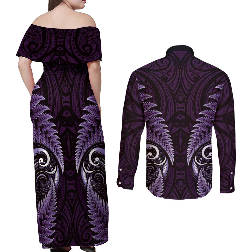 Aotearoa Pounamu Niho Couples Matching Off Shoulder Maxi Dress and Long Sleeve Button Shirt Silver Fern Mix Maori Pattern - Purple