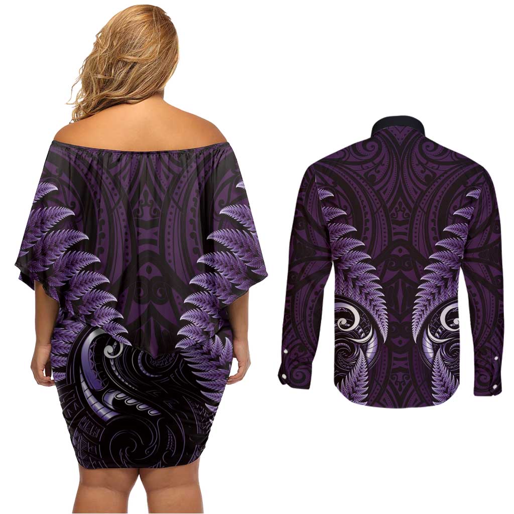 Aotearoa Pounamu Niho Couples Matching Off Shoulder Short Dress and Long Sleeve Button Shirt Silver Fern Mix Maori Pattern - Purple