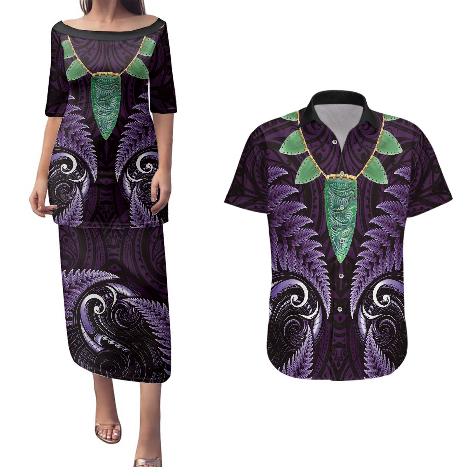 Aotearoa Pounamu Niho Couples Matching Puletasi and Hawaiian Shirt Silver Fern Mix Maori Pattern - Purple