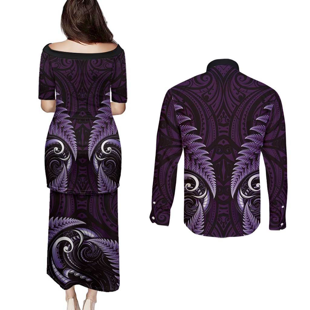 Aotearoa Pounamu Niho Couples Matching Puletasi and Long Sleeve Button Shirt Silver Fern Mix Maori Pattern - Purple