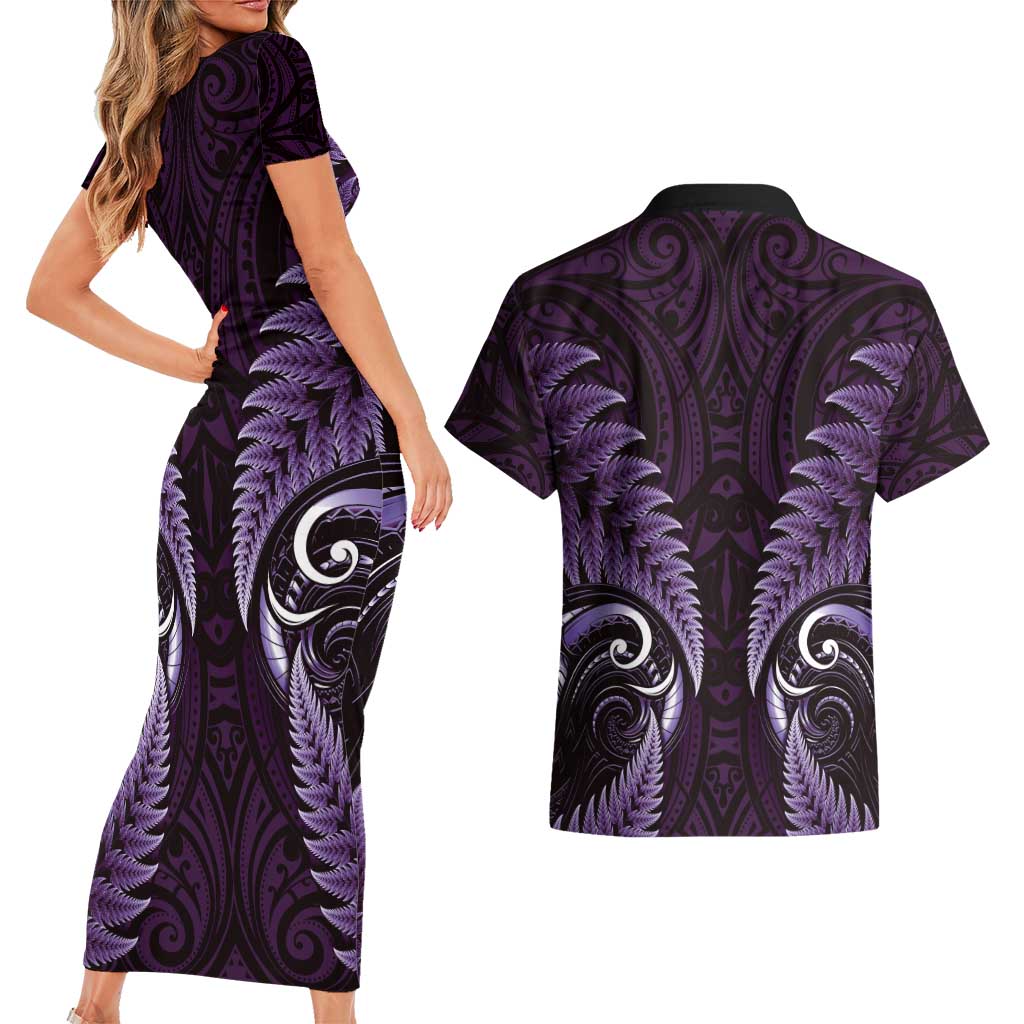 Aotearoa Pounamu Niho Couples Matching Short Sleeve Bodycon Dress and Hawaiian Shirt Silver Fern Mix Maori Pattern - Purple