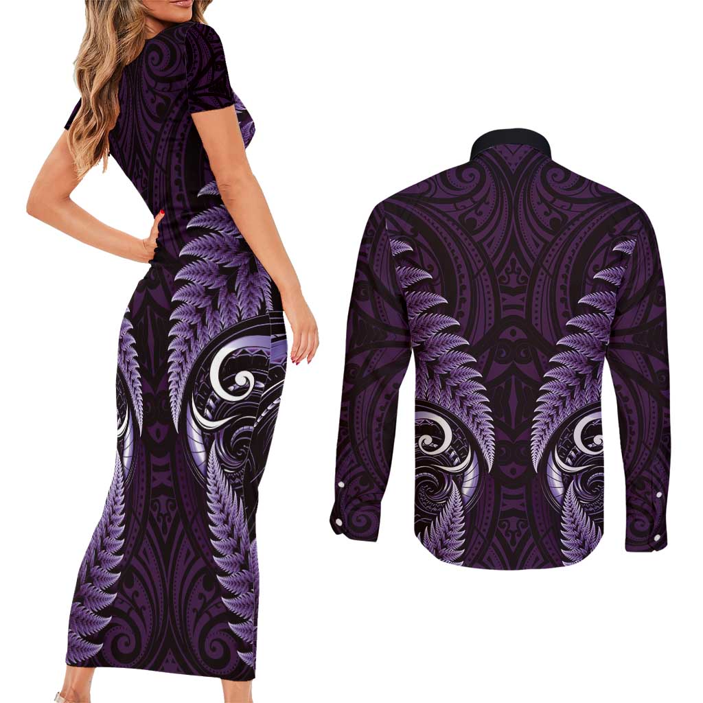 Aotearoa Pounamu Niho Couples Matching Short Sleeve Bodycon Dress and Long Sleeve Button Shirt Silver Fern Mix Maori Pattern - Purple