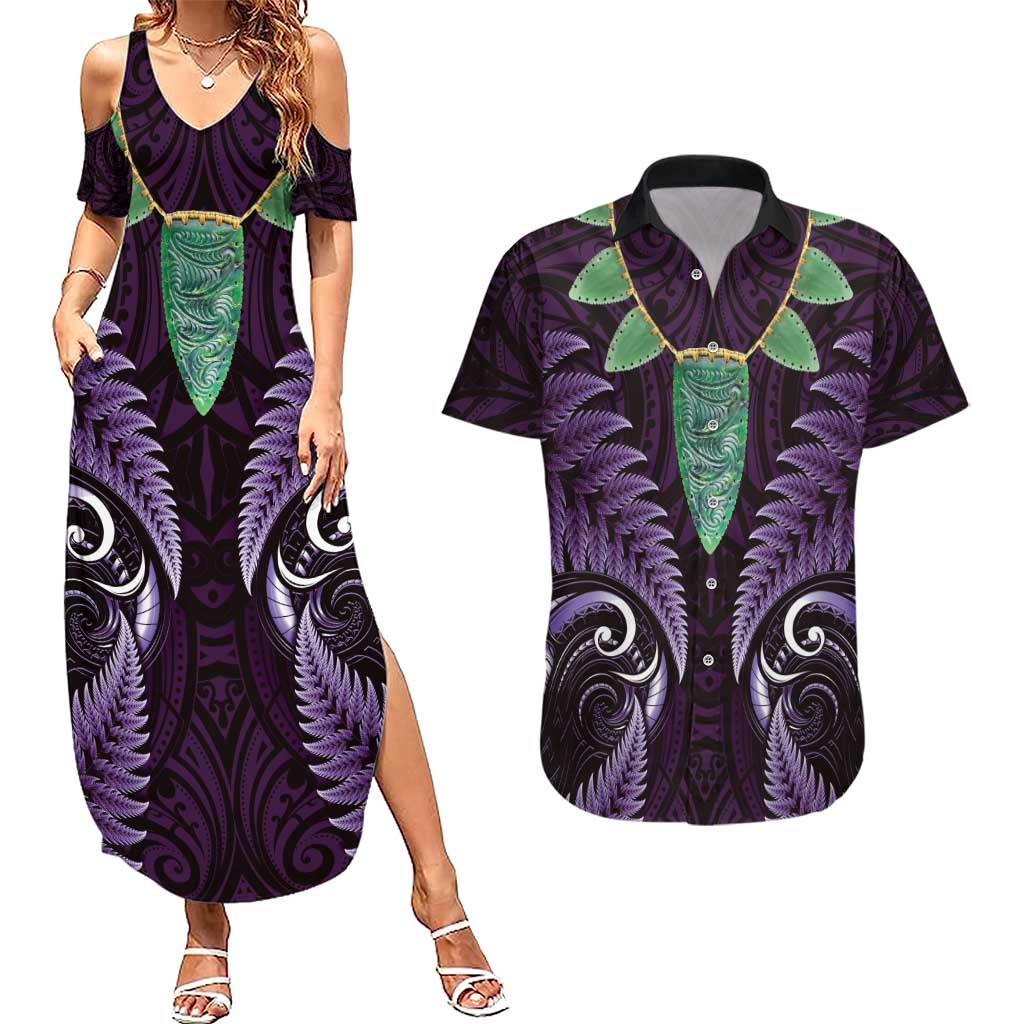 Aotearoa Pounamu Niho Couples Matching Summer Maxi Dress and Hawaiian Shirt Silver Fern Mix Maori Pattern - Purple