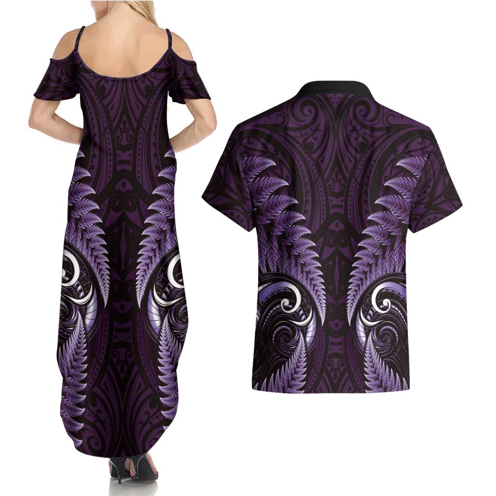 Aotearoa Pounamu Niho Couples Matching Summer Maxi Dress and Hawaiian Shirt Silver Fern Mix Maori Pattern - Purple