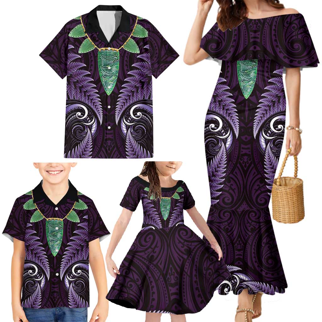 Aotearoa Pounamu Niho Family Matching Mermaid Dress and Hawaiian Shirt Silver Fern Mix Maori Pattern - Purple