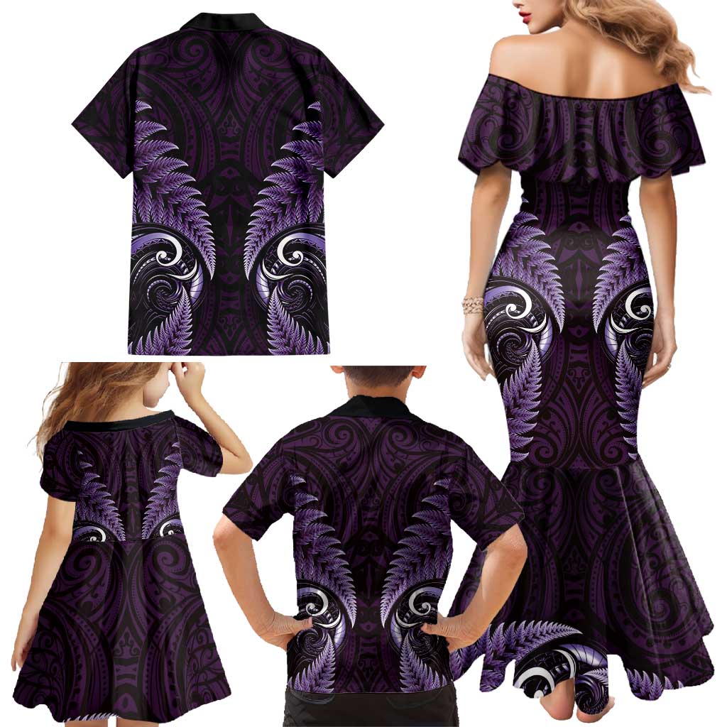 Aotearoa Pounamu Niho Family Matching Mermaid Dress and Hawaiian Shirt Silver Fern Mix Maori Pattern - Purple