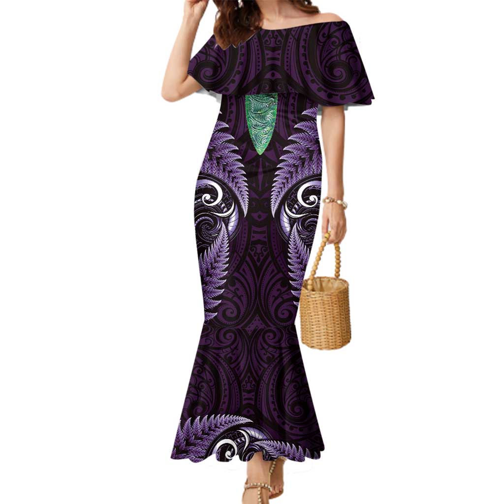 Aotearoa Pounamu Niho Family Matching Mermaid Dress and Hawaiian Shirt Silver Fern Mix Maori Pattern - Purple