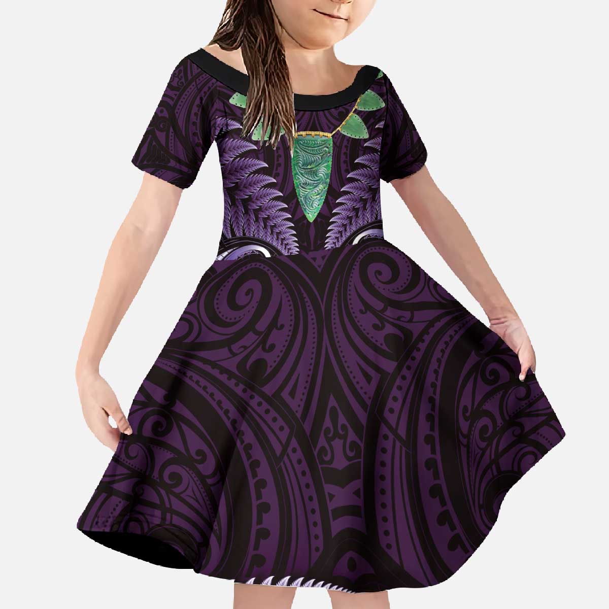 Aotearoa Pounamu Niho Family Matching Off The Shoulder Long Sleeve Dress and Hawaiian Shirt Silver Fern Mix Maori Pattern - Purple