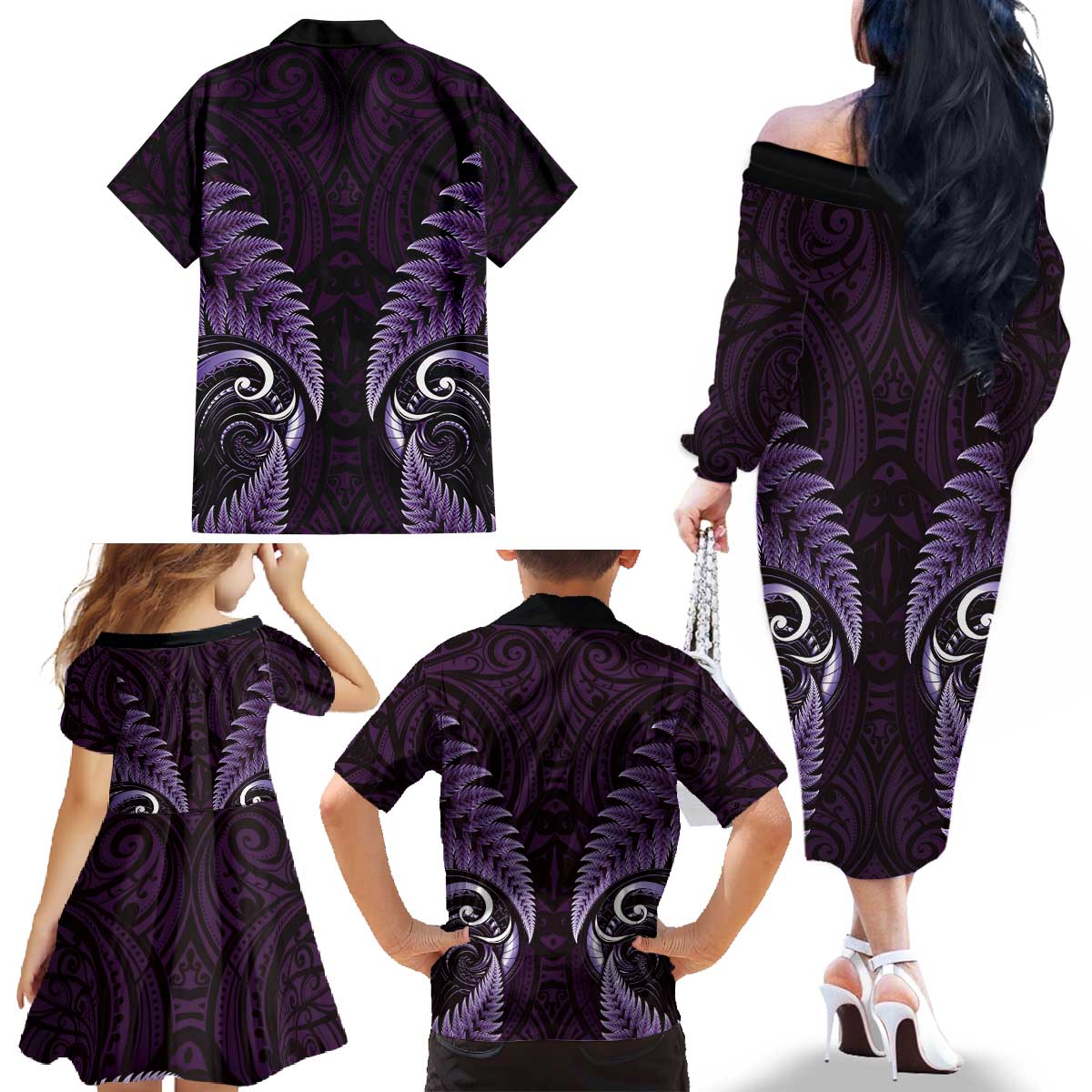 Aotearoa Pounamu Niho Family Matching Off The Shoulder Long Sleeve Dress and Hawaiian Shirt Silver Fern Mix Maori Pattern - Purple