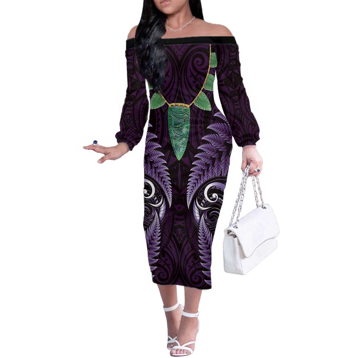 Aotearoa Pounamu Niho Family Matching Off The Shoulder Long Sleeve Dress and Hawaiian Shirt Silver Fern Mix Maori Pattern - Purple