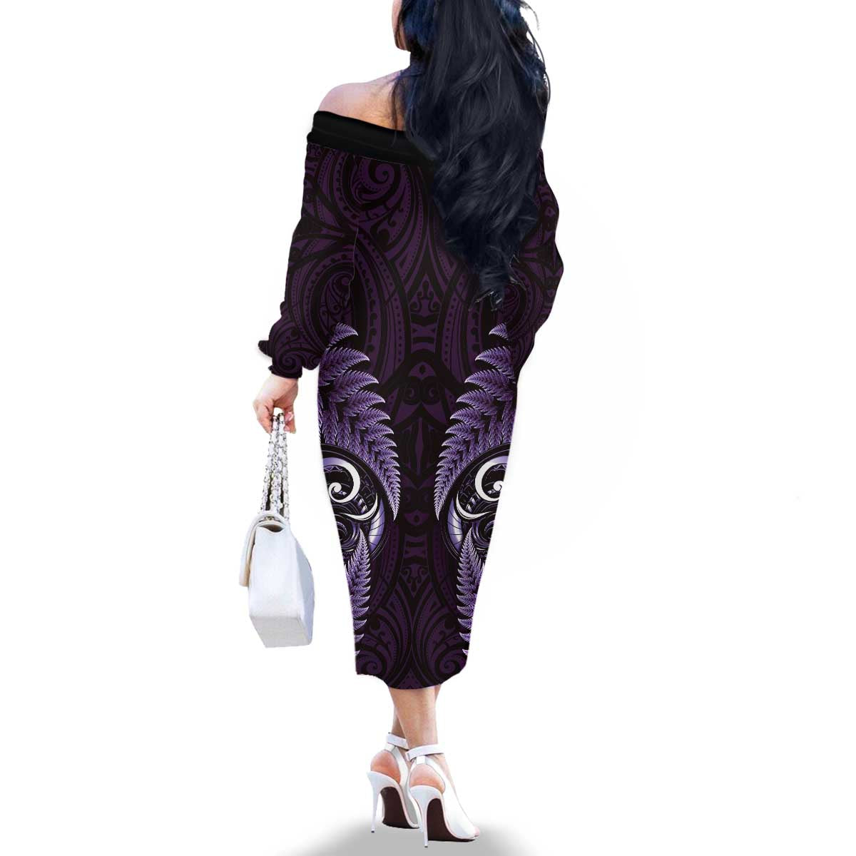 Aotearoa Pounamu Niho Family Matching Off The Shoulder Long Sleeve Dress and Hawaiian Shirt Silver Fern Mix Maori Pattern - Purple