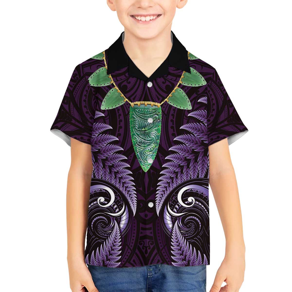 Aotearoa Pounamu Niho Family Matching Off The Shoulder Long Sleeve Dress and Hawaiian Shirt Silver Fern Mix Maori Pattern - Purple