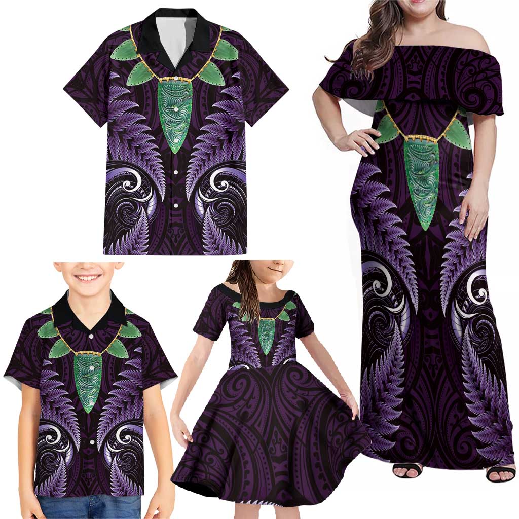 Aotearoa Pounamu Niho Family Matching Off Shoulder Maxi Dress and Hawaiian Shirt Silver Fern Mix Maori Pattern - Purple