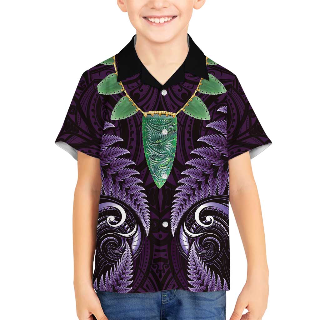 Aotearoa Pounamu Niho Family Matching Off Shoulder Maxi Dress and Hawaiian Shirt Silver Fern Mix Maori Pattern - Purple