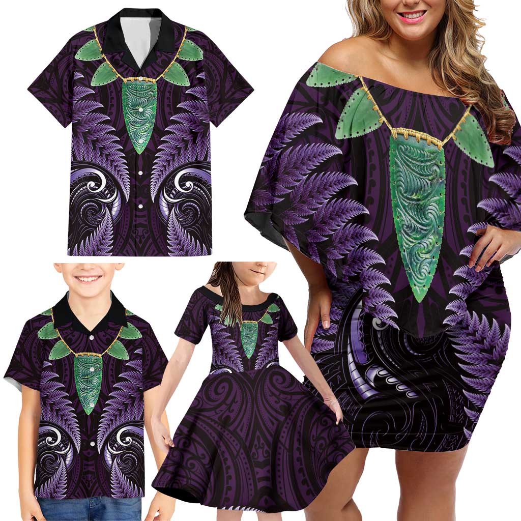 Aotearoa Pounamu Niho Family Matching Off Shoulder Short Dress and Hawaiian Shirt Silver Fern Mix Maori Pattern - Purple