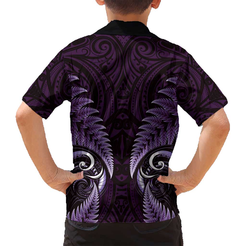 Aotearoa Pounamu Niho Family Matching Off Shoulder Short Dress and Hawaiian Shirt Silver Fern Mix Maori Pattern - Purple