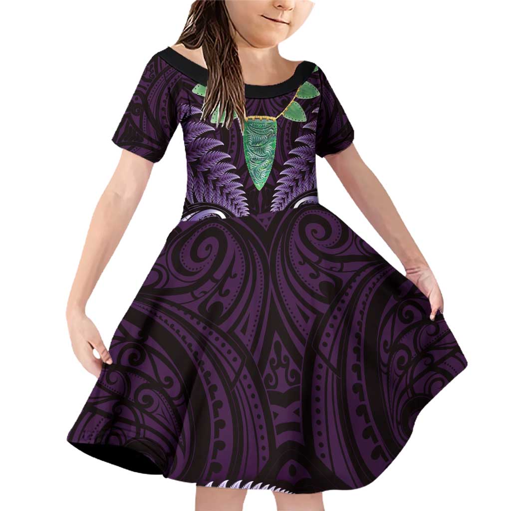 Aotearoa Pounamu Niho Family Matching Off Shoulder Short Dress and Hawaiian Shirt Silver Fern Mix Maori Pattern - Purple