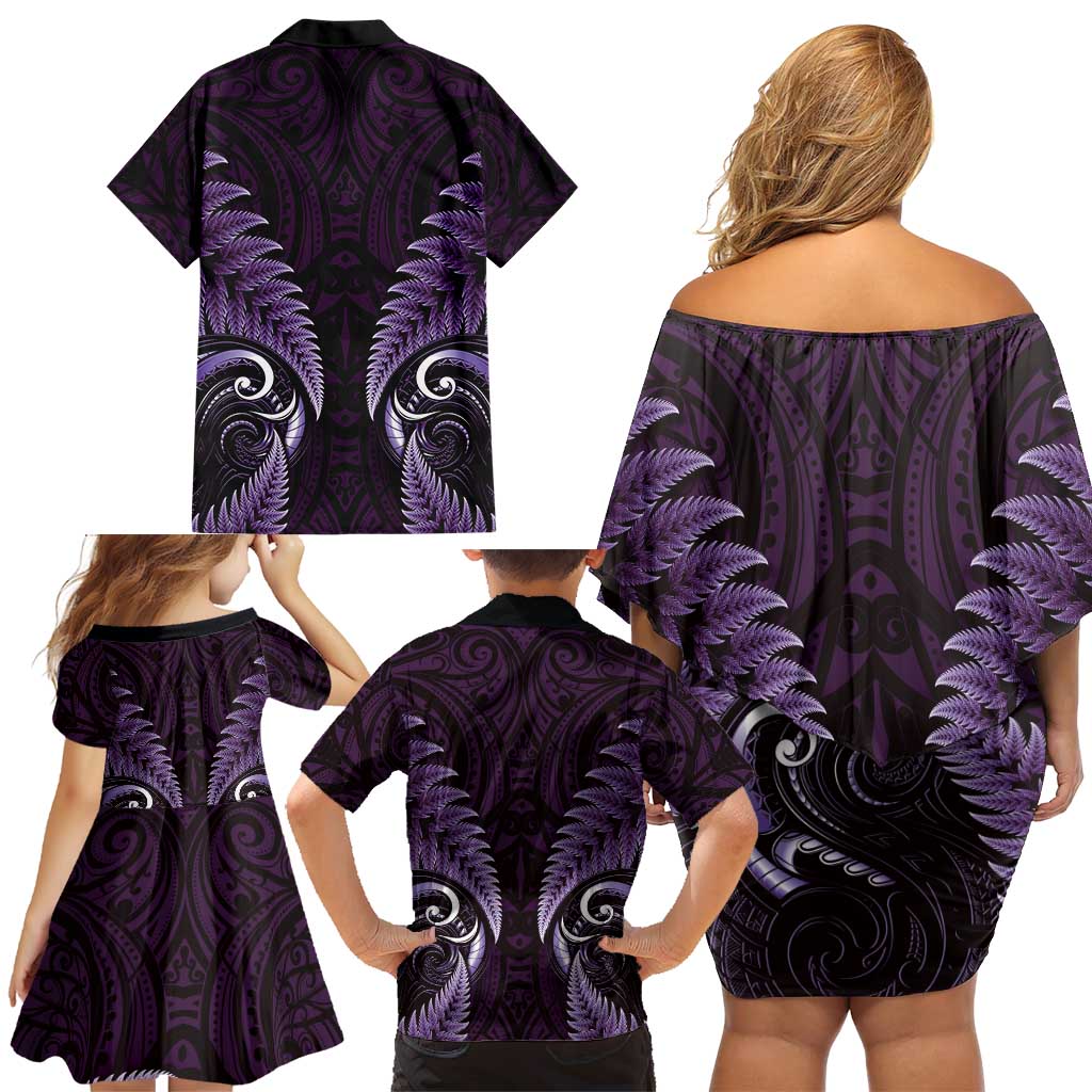 Aotearoa Pounamu Niho Family Matching Off Shoulder Short Dress and Hawaiian Shirt Silver Fern Mix Maori Pattern - Purple