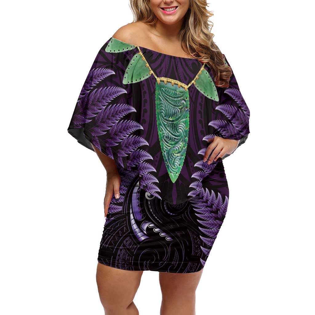 Aotearoa Pounamu Niho Family Matching Off Shoulder Short Dress and Hawaiian Shirt Silver Fern Mix Maori Pattern - Purple