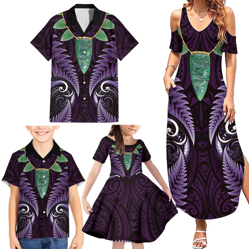 Aotearoa Pounamu Niho Family Matching Summer Maxi Dress and Hawaiian Shirt Silver Fern Mix Maori Pattern - Purple