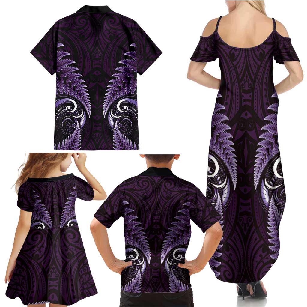 Aotearoa Pounamu Niho Family Matching Summer Maxi Dress and Hawaiian Shirt Silver Fern Mix Maori Pattern - Purple