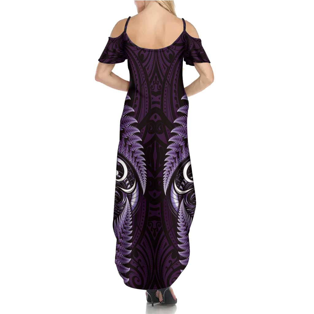 Aotearoa Pounamu Niho Family Matching Summer Maxi Dress and Hawaiian Shirt Silver Fern Mix Maori Pattern - Purple