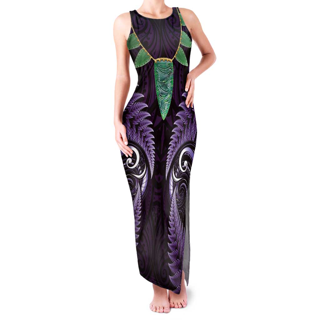 Aotearoa Pounamu Niho Family Matching Tank Maxi Dress and Hawaiian Shirt Silver Fern Mix Maori Pattern - Purple