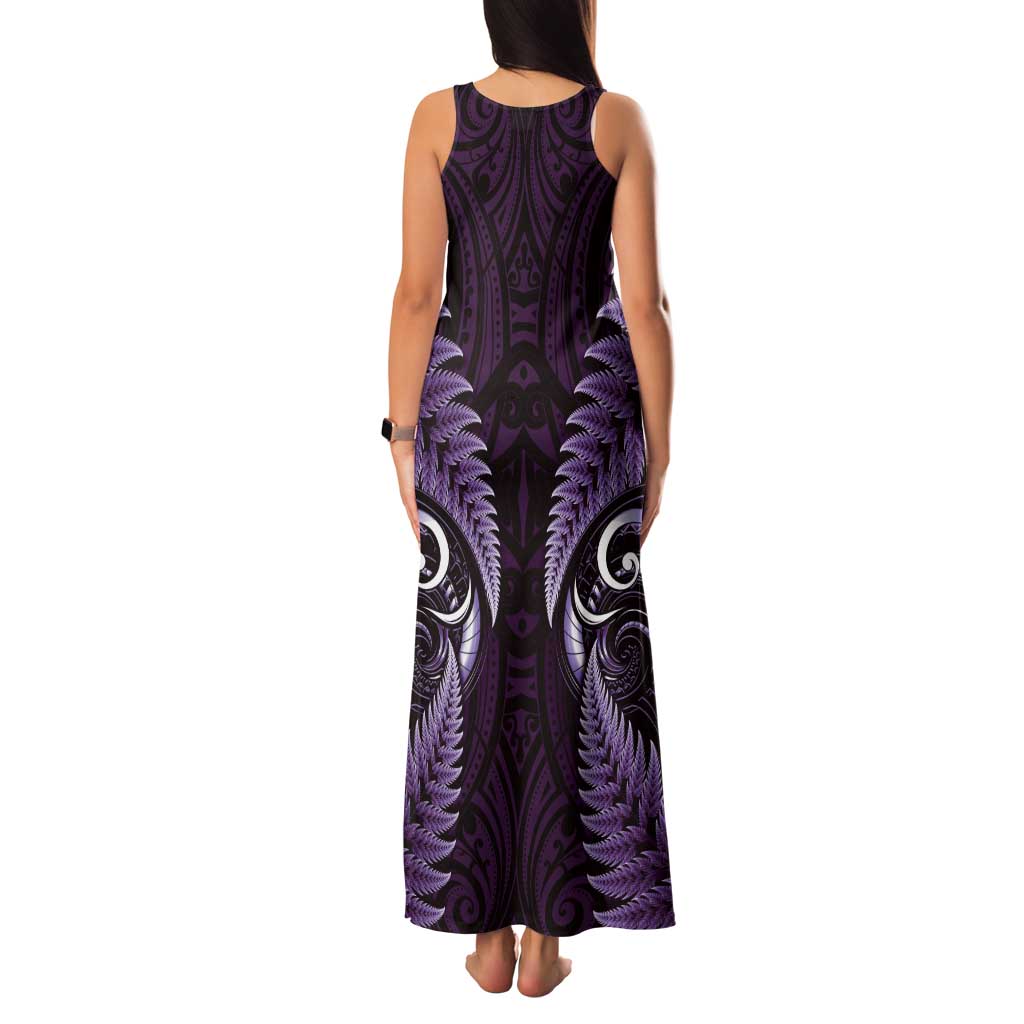 Aotearoa Pounamu Niho Family Matching Tank Maxi Dress and Hawaiian Shirt Silver Fern Mix Maori Pattern - Purple