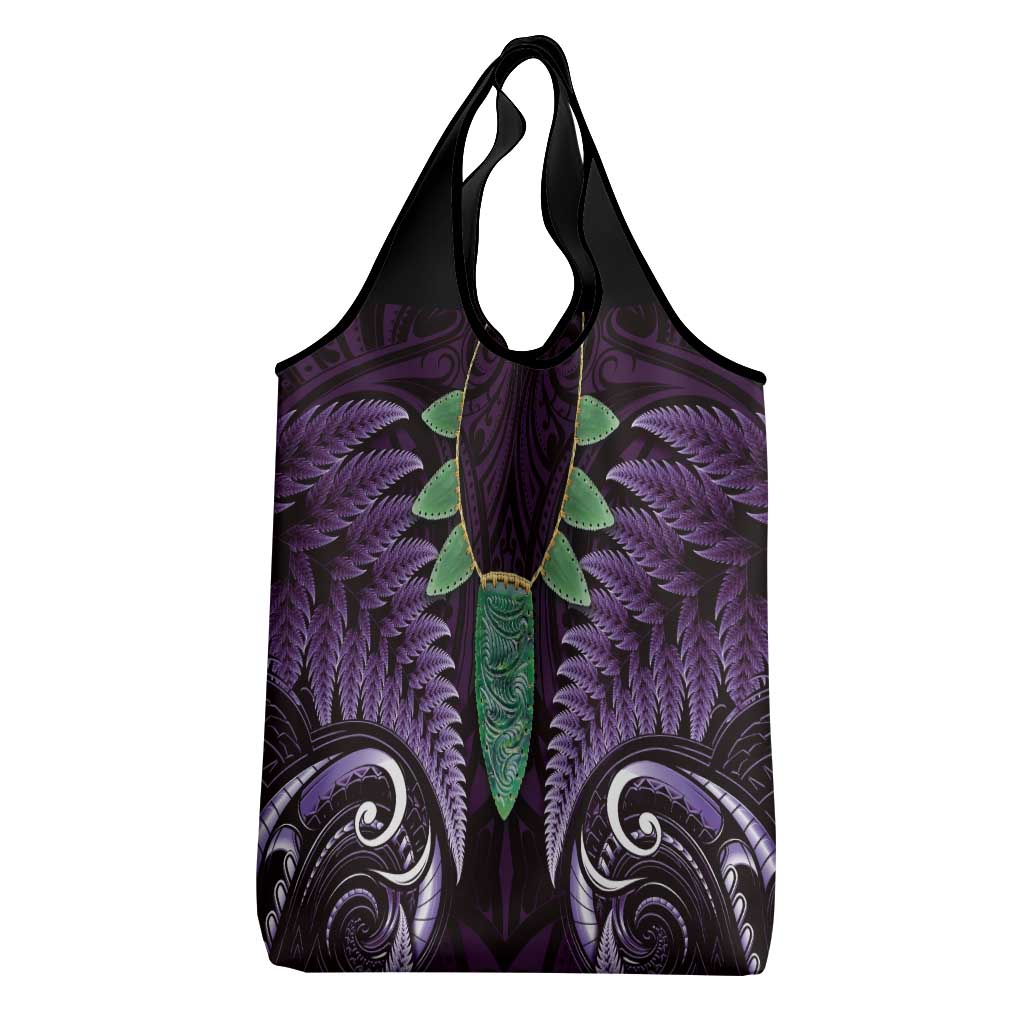 Aotearoa Pounamu Niho Grocery Bag Silver Fern Mix Maori Pattern - Purple