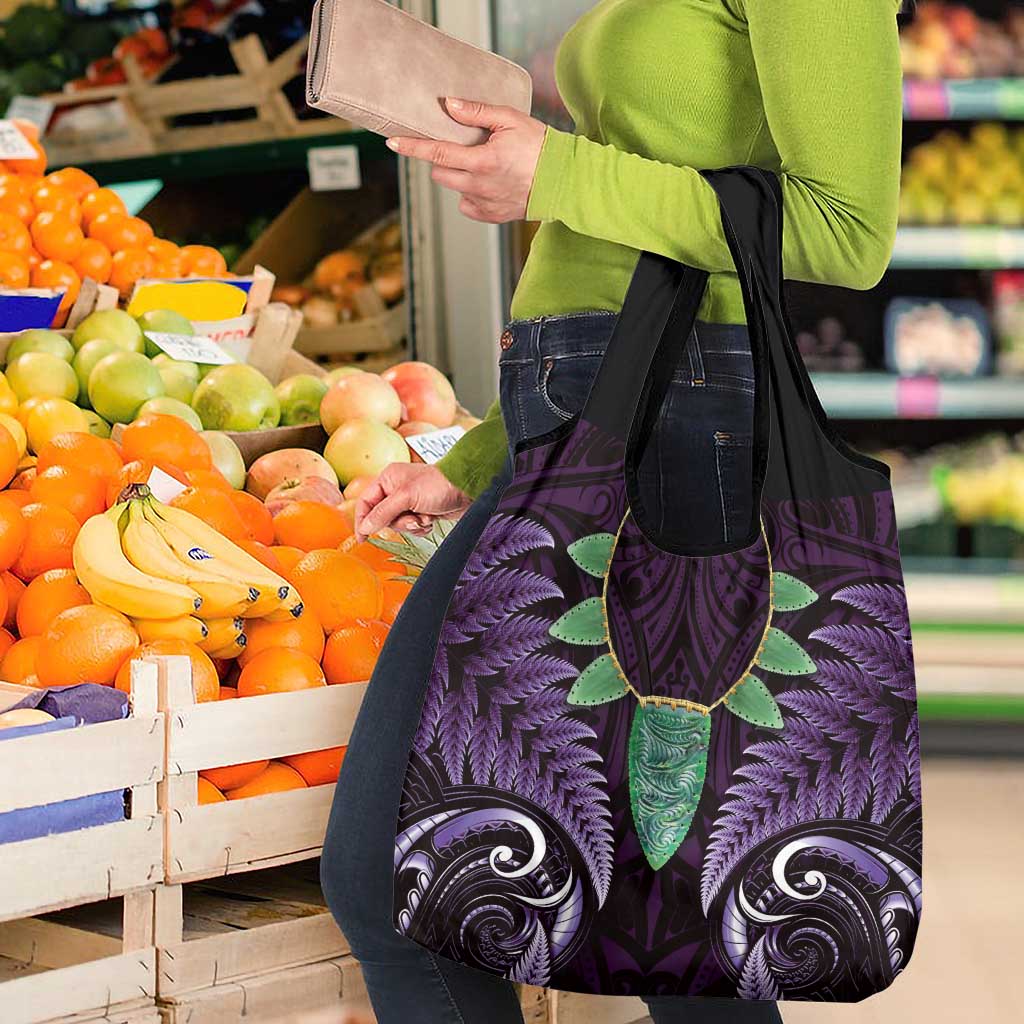 Aotearoa Pounamu Niho Grocery Bag Silver Fern Mix Maori Pattern - Purple