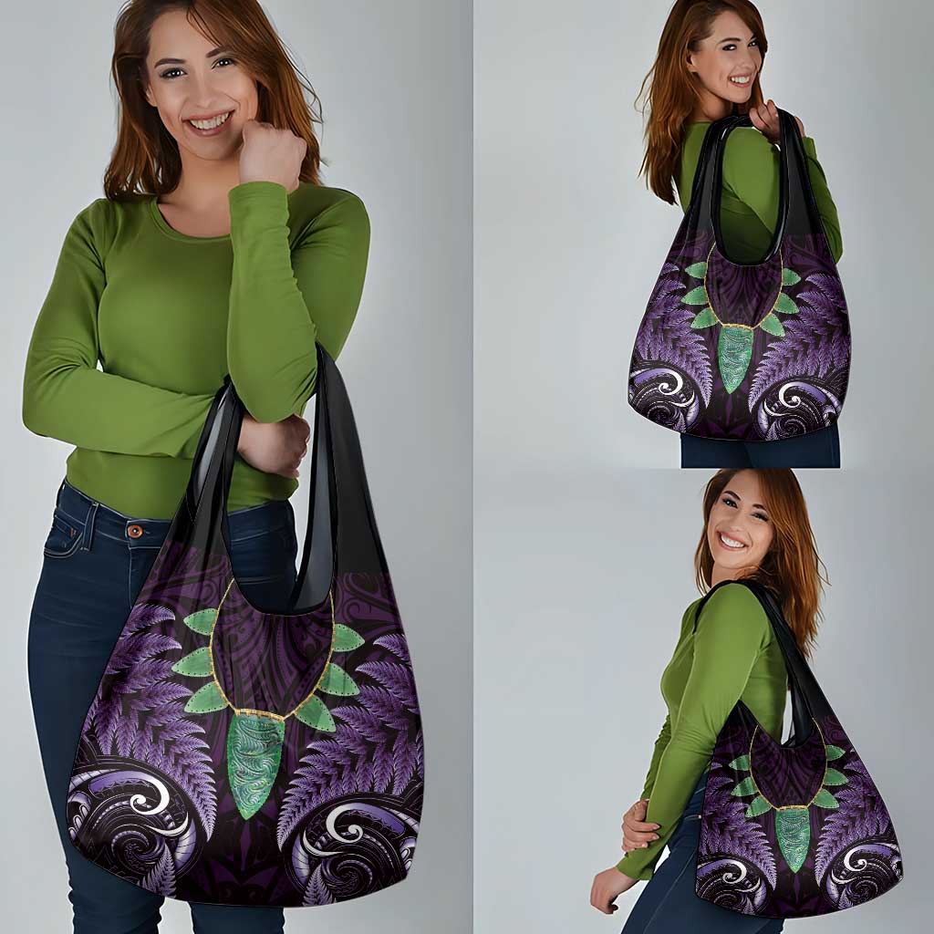 Aotearoa Pounamu Niho Grocery Bag Silver Fern Mix Maori Pattern - Purple