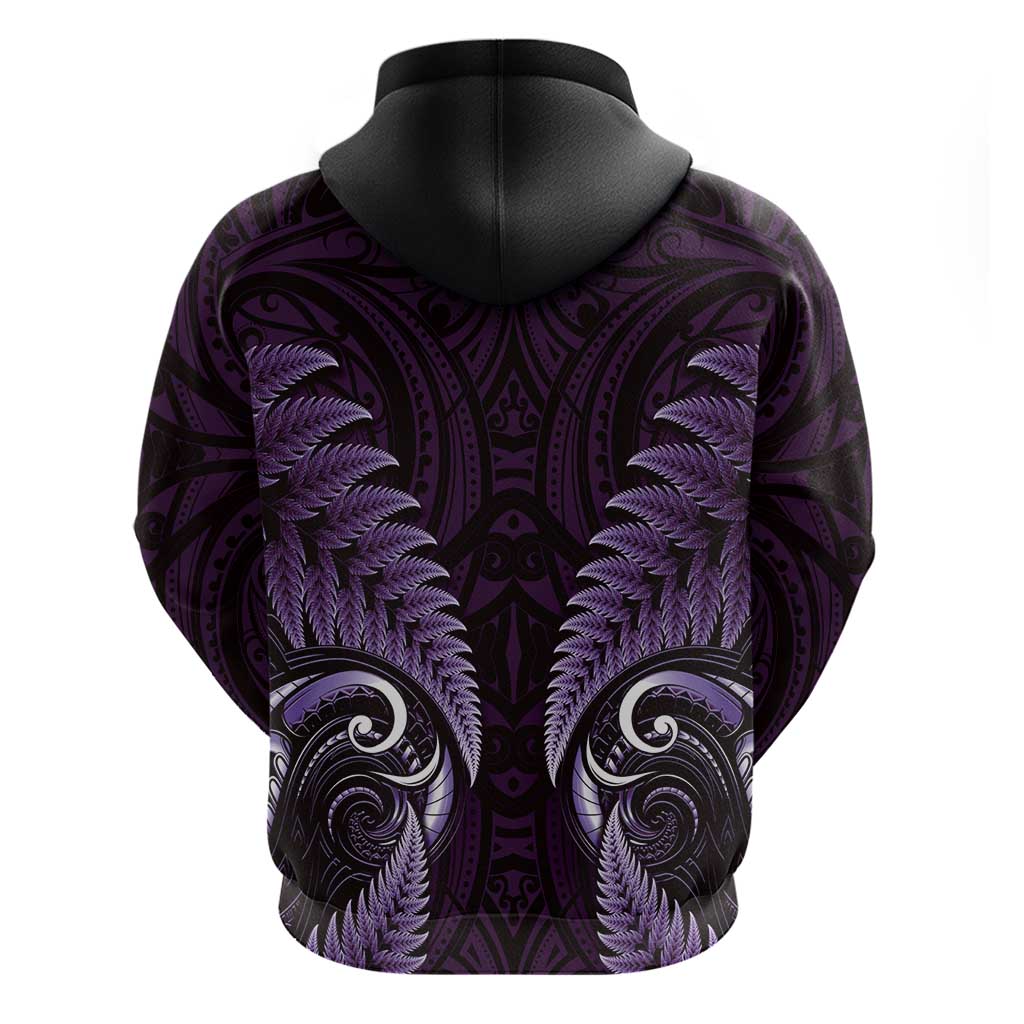 Aotearoa Pounamu Niho Hoodie Silver Fern Mix Maori Pattern - Purple - Vibe Hoodie Shop