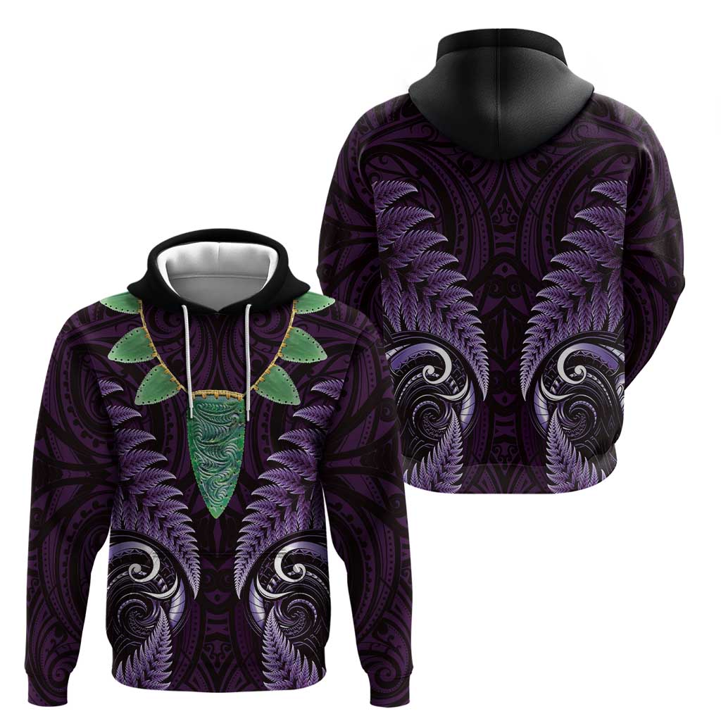 Aotearoa Pounamu Niho Hoodie Silver Fern Mix Maori Pattern - Purple - Vibe Hoodie Shop