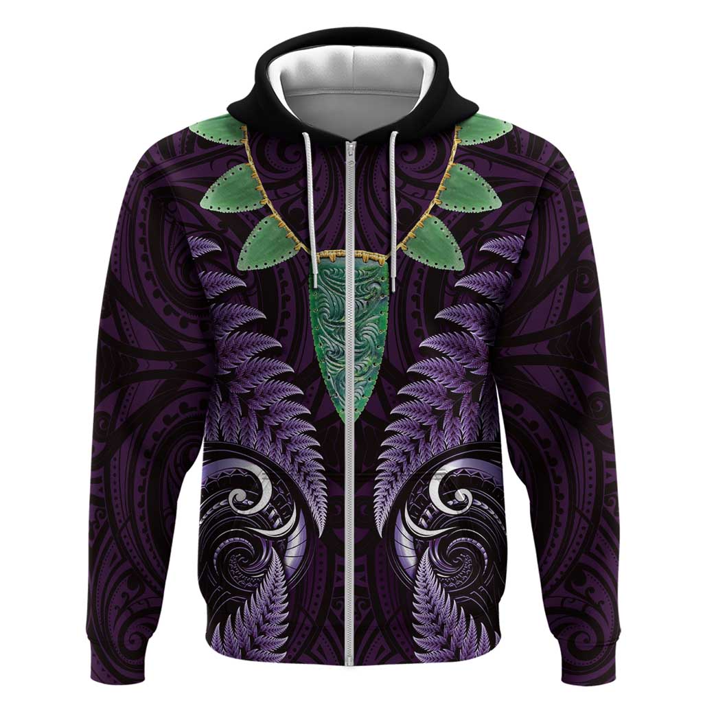 Aotearoa Pounamu Niho Hoodie Silver Fern Mix Maori Pattern - Purple - Vibe Hoodie Shop