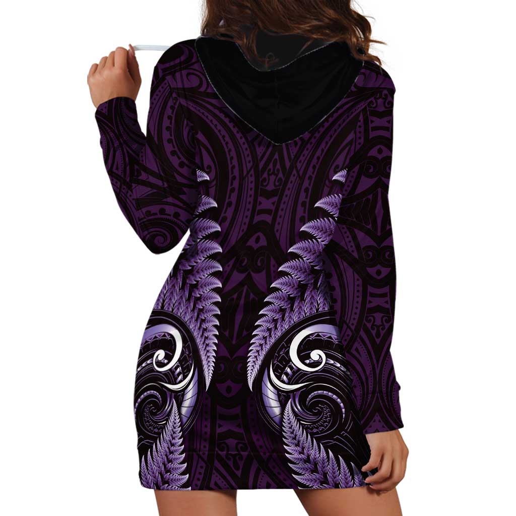 Aotearoa Pounamu Niho Hoodie Dress Silver Fern Mix Maori Pattern - Purple - Vibe Hoodie Shop