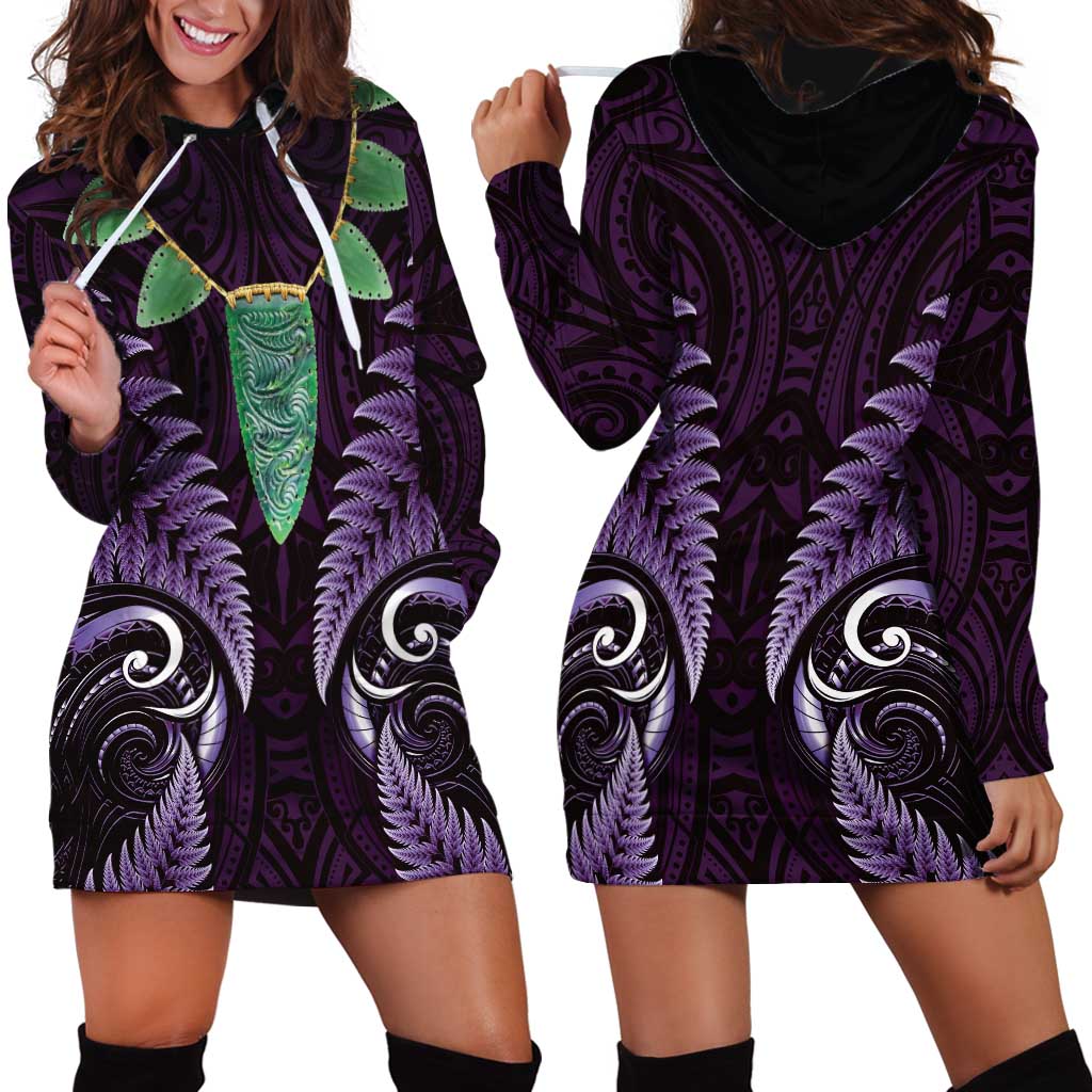 Aotearoa Pounamu Niho Hoodie Dress Silver Fern Mix Maori Pattern - Purple - Vibe Hoodie Shop