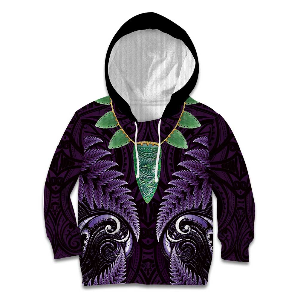 Aotearoa Pounamu Niho Kid Hoodie Silver Fern Mix Maori Pattern - Purple - Vibe Hoodie Shop