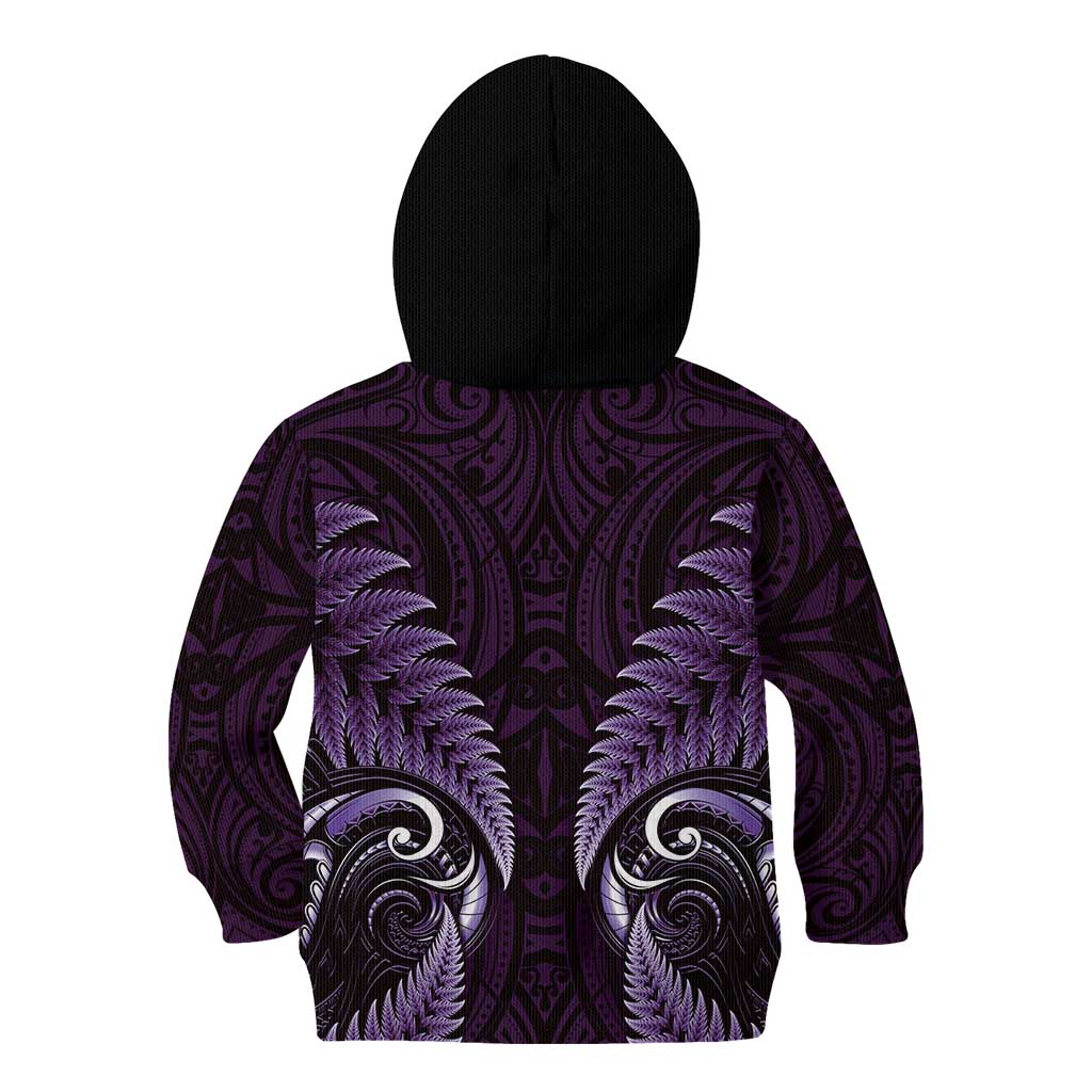 Aotearoa Pounamu Niho Kid Hoodie Silver Fern Mix Maori Pattern - Purple - Vibe Hoodie Shop