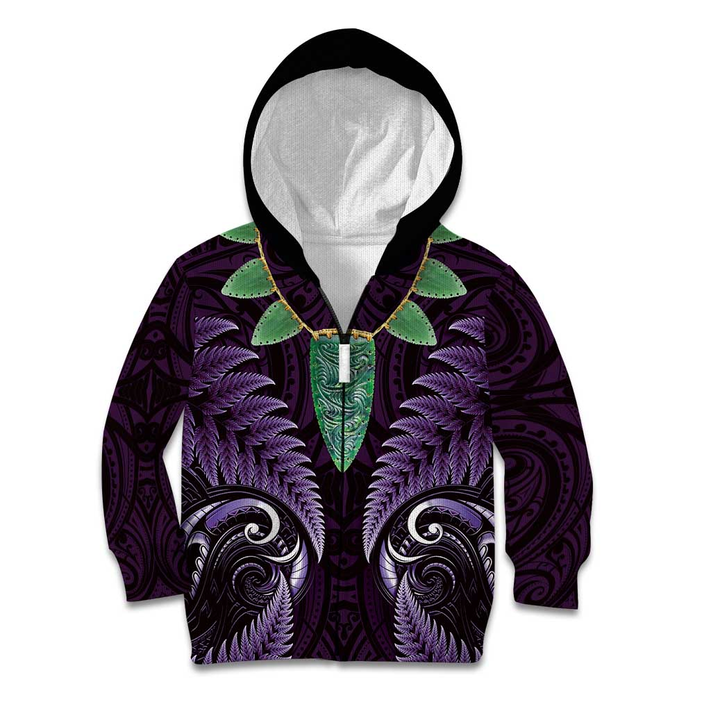 Aotearoa Pounamu Niho Kid Hoodie Silver Fern Mix Maori Pattern - Purple - Vibe Hoodie Shop