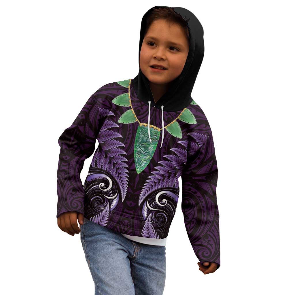 Aotearoa Pounamu Niho Kid Hoodie Silver Fern Mix Maori Pattern - Purple - Vibe Hoodie Shop